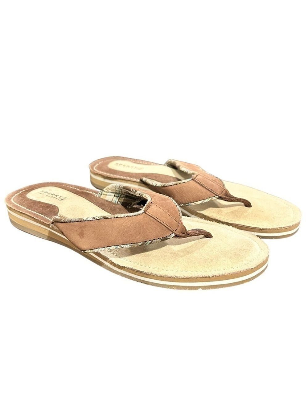SPERRY Topsider Thong Sandals Leather and Suede Plaid Inside VGC Women’s Size 8